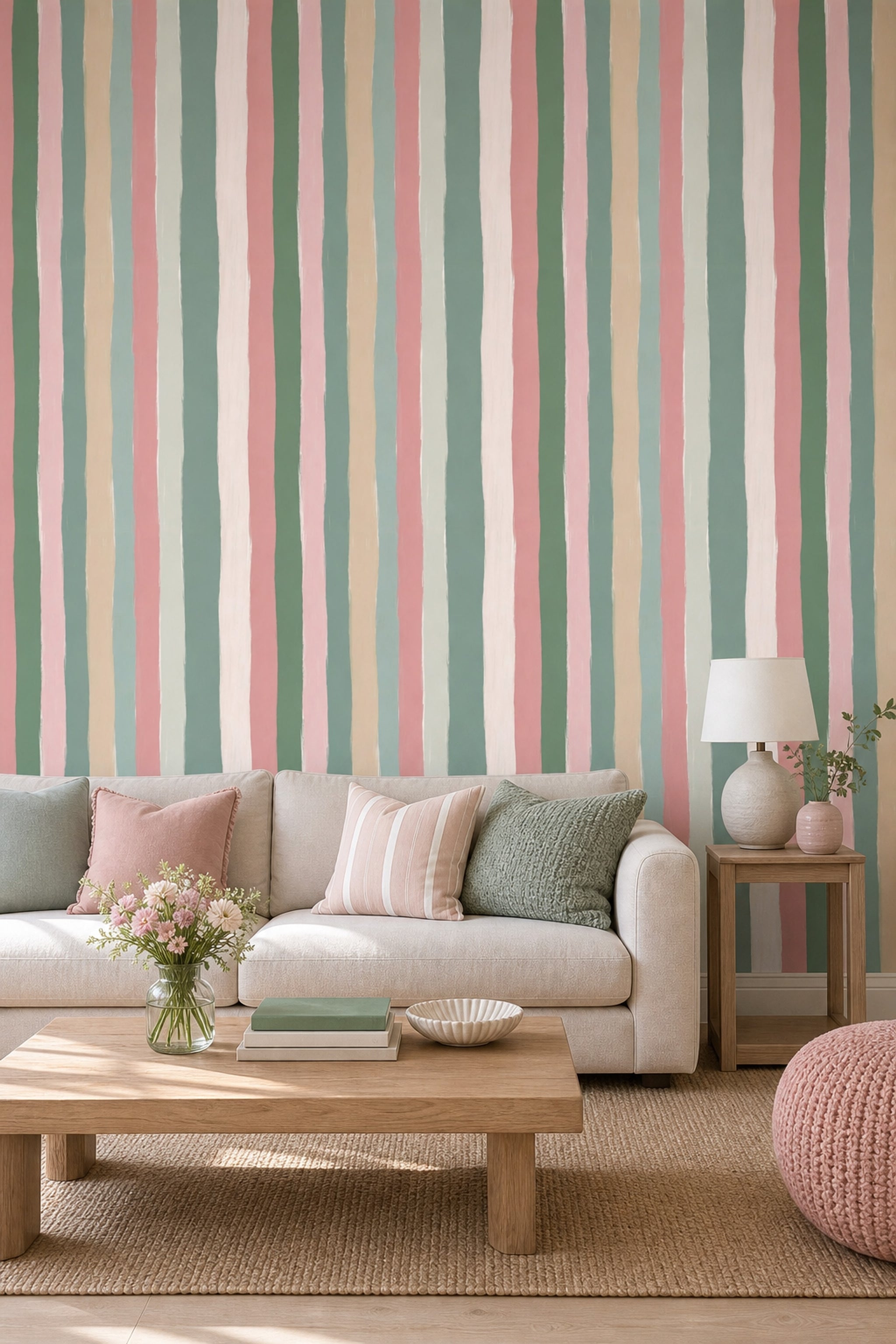 Pastel Dikey Çizgili Duvar Kağıdı Yeşil Pembe Salon