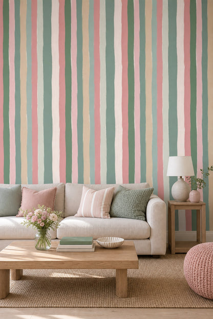 Pastel Dikey Çizgili Duvar Kağıdı Yeşil Pembe Salon