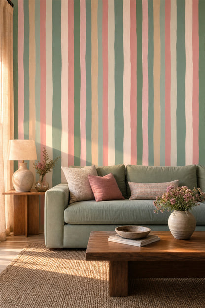 Pastel Dikey Çizgili Duvar Kağıdı Yeşil Pembe Salon