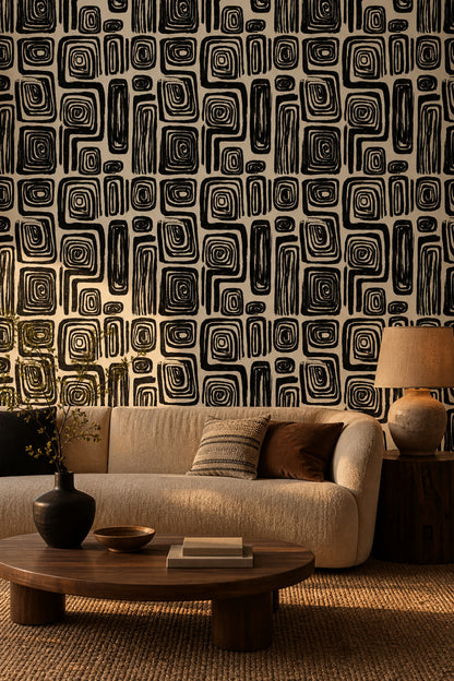 Siyah Krem Geometrik Desenli Duvar Kağıdı Modern Salon