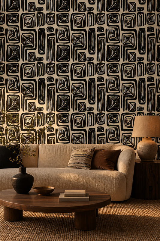 Siyah Krem Geometrik Desenli Duvar Kağıdı Modern Salon