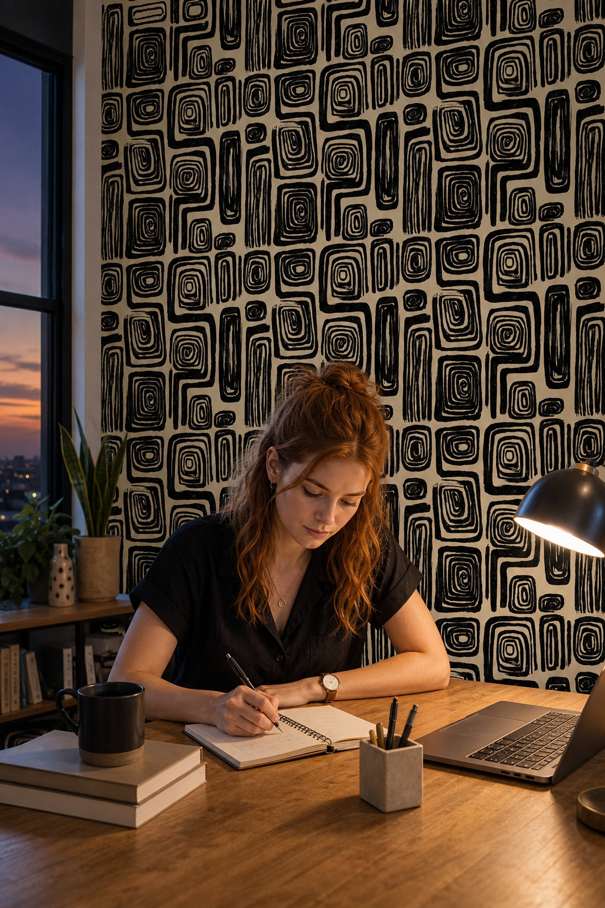 Siyah Krem Geometrik Desenli Duvar Kağıdı Modern Salon