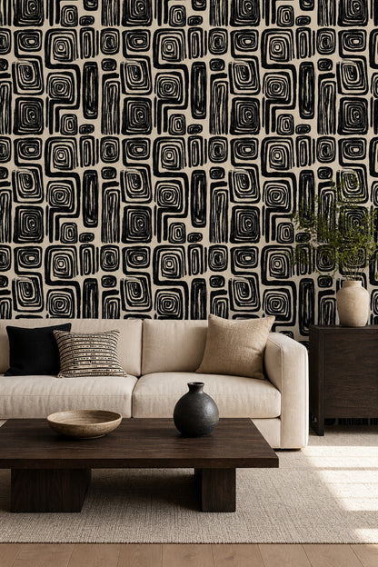 Siyah Krem Geometrik Desenli Duvar Kağıdı Modern Salon