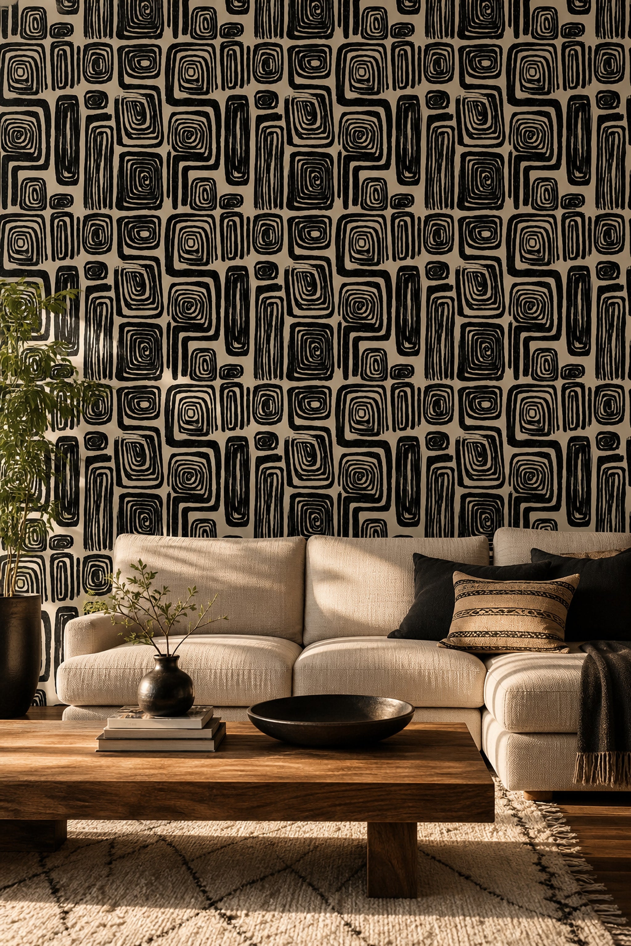 Siyah Krem Geometrik Desenli Duvar Kağıdı Modern Salon