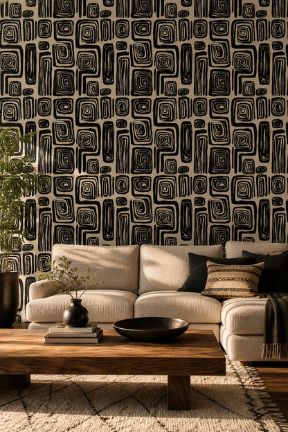 Siyah Krem Geometrik Desenli Duvar Kağıdı Modern Salon