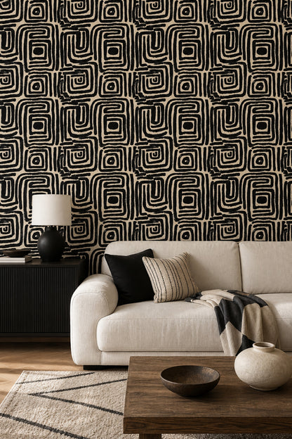 Siyah Beyaz Geometrik Duvar Kağıdı Modern Desenli Salon