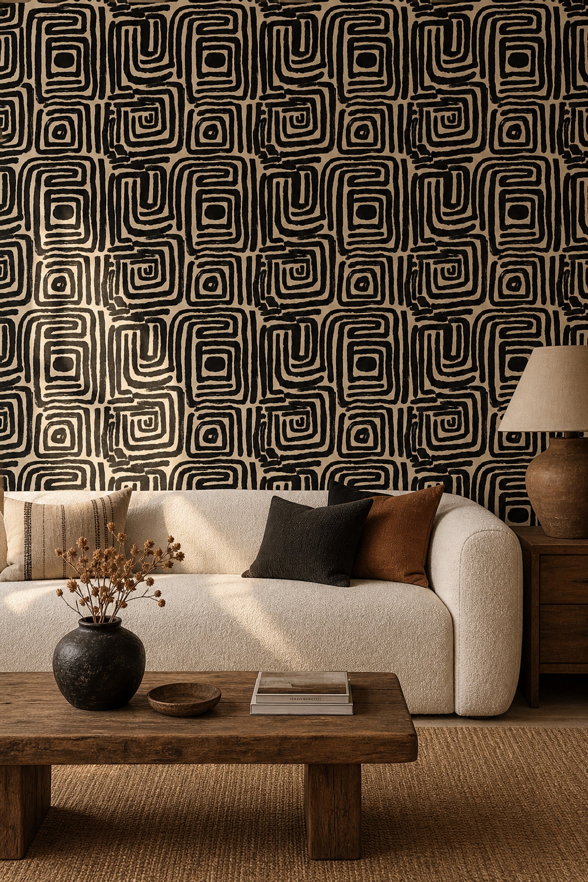 Siyah Beyaz Geometrik Duvar Kağıdı Modern Desenli Salon