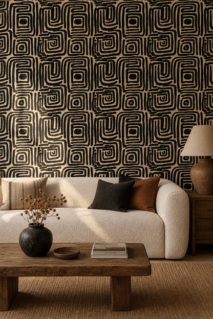 Siyah Beyaz Geometrik Duvar Kağıdı Modern Desenli Salon