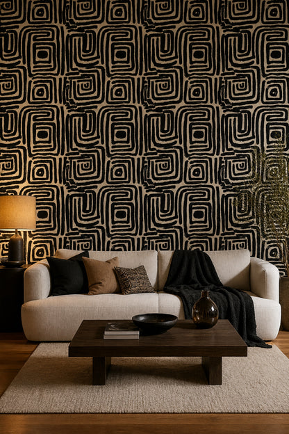 Siyah Beyaz Geometrik Duvar Kağıdı Modern Desenli Salon