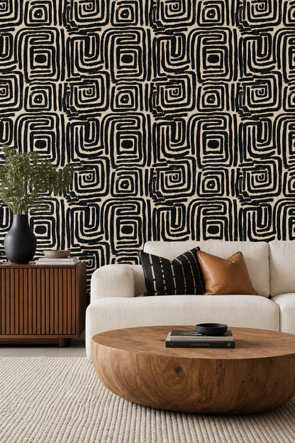 Siyah Beyaz Geometrik Duvar Kağıdı Modern Desenli Salon