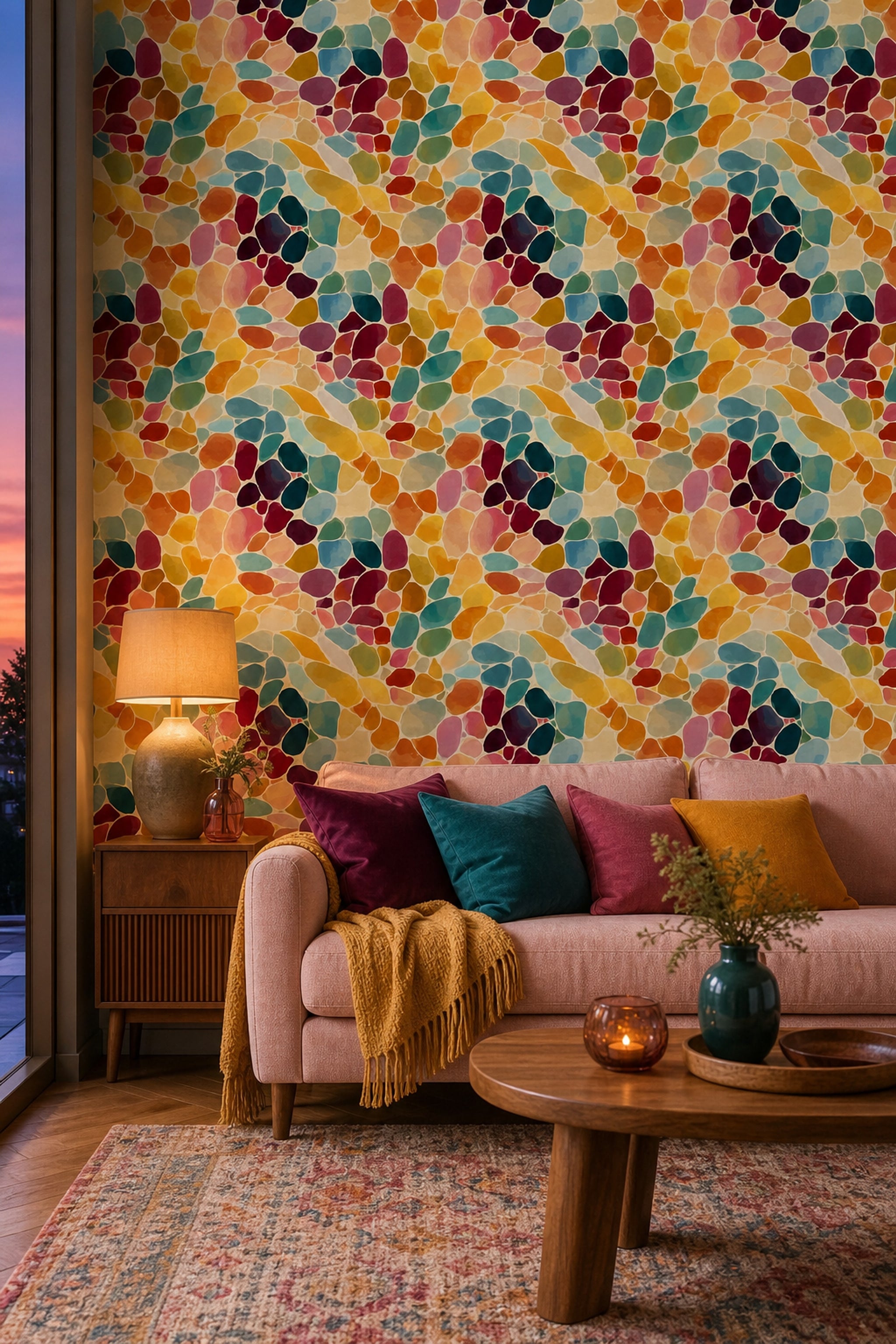 Renkli Mozaik Desenli Duvar Kağıdı Modern Salon Dekoru