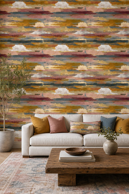 Soyut Bulut Desenli Duvar Kağıdı Sarı Mavi Salon