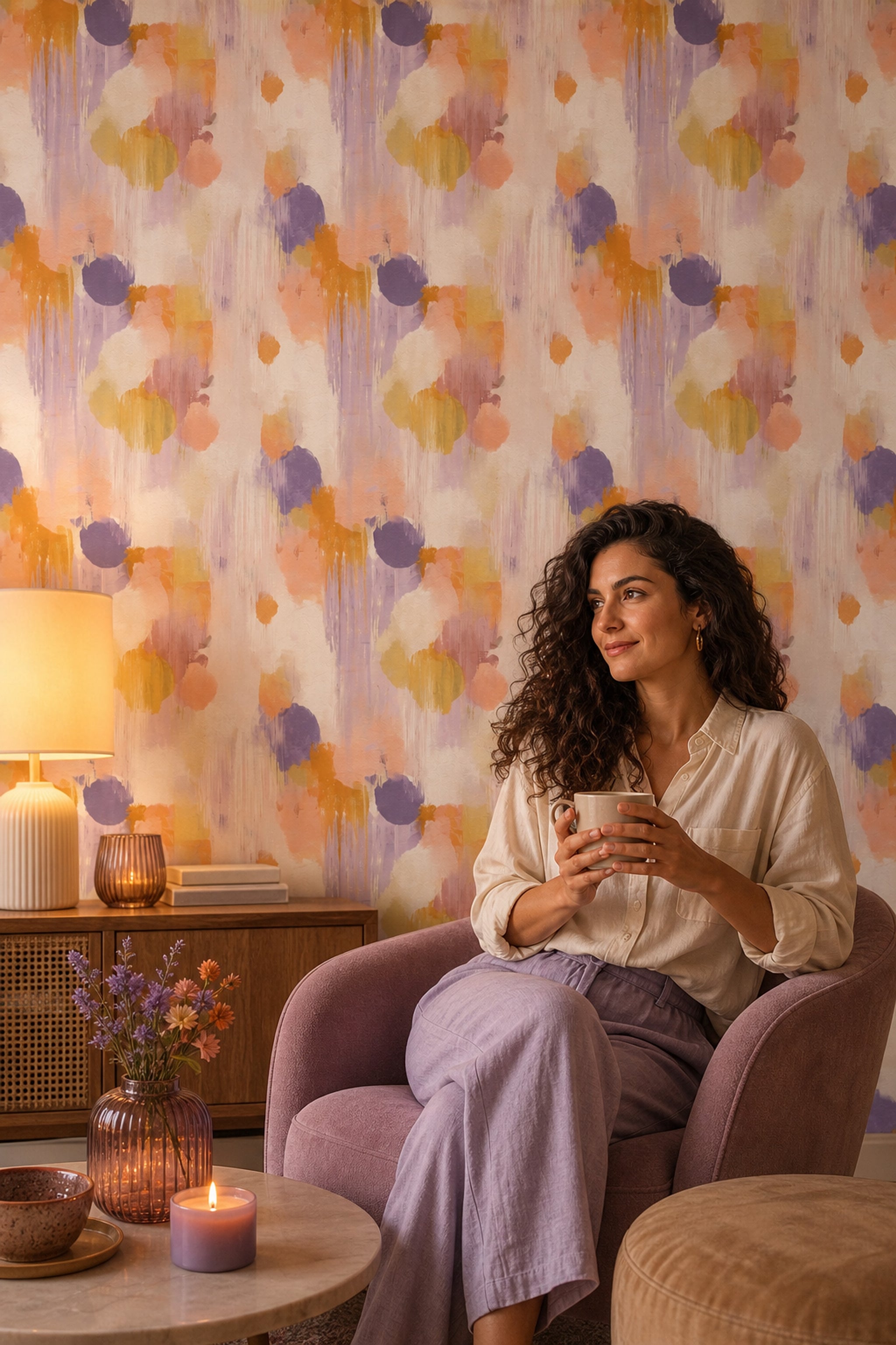 Soyut Suluboya Duvar Kağıdı Mor Sarı Desenli Salon