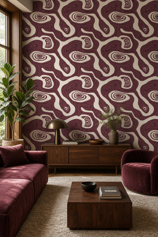Soyut Dalga Desenli Duvar Kağıdı Bordo Krem Salon