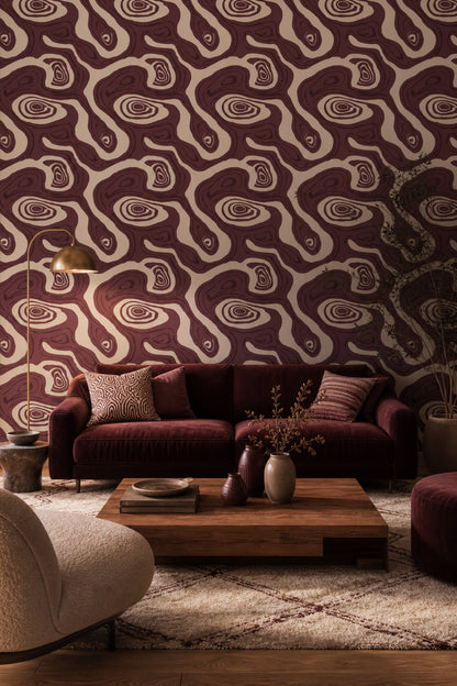 Soyut Dalga Desenli Duvar Kağıdı Bordo Krem Salon