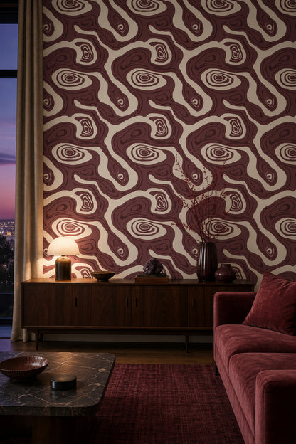 Soyut Dalga Desenli Duvar Kağıdı Bordo Krem Salon