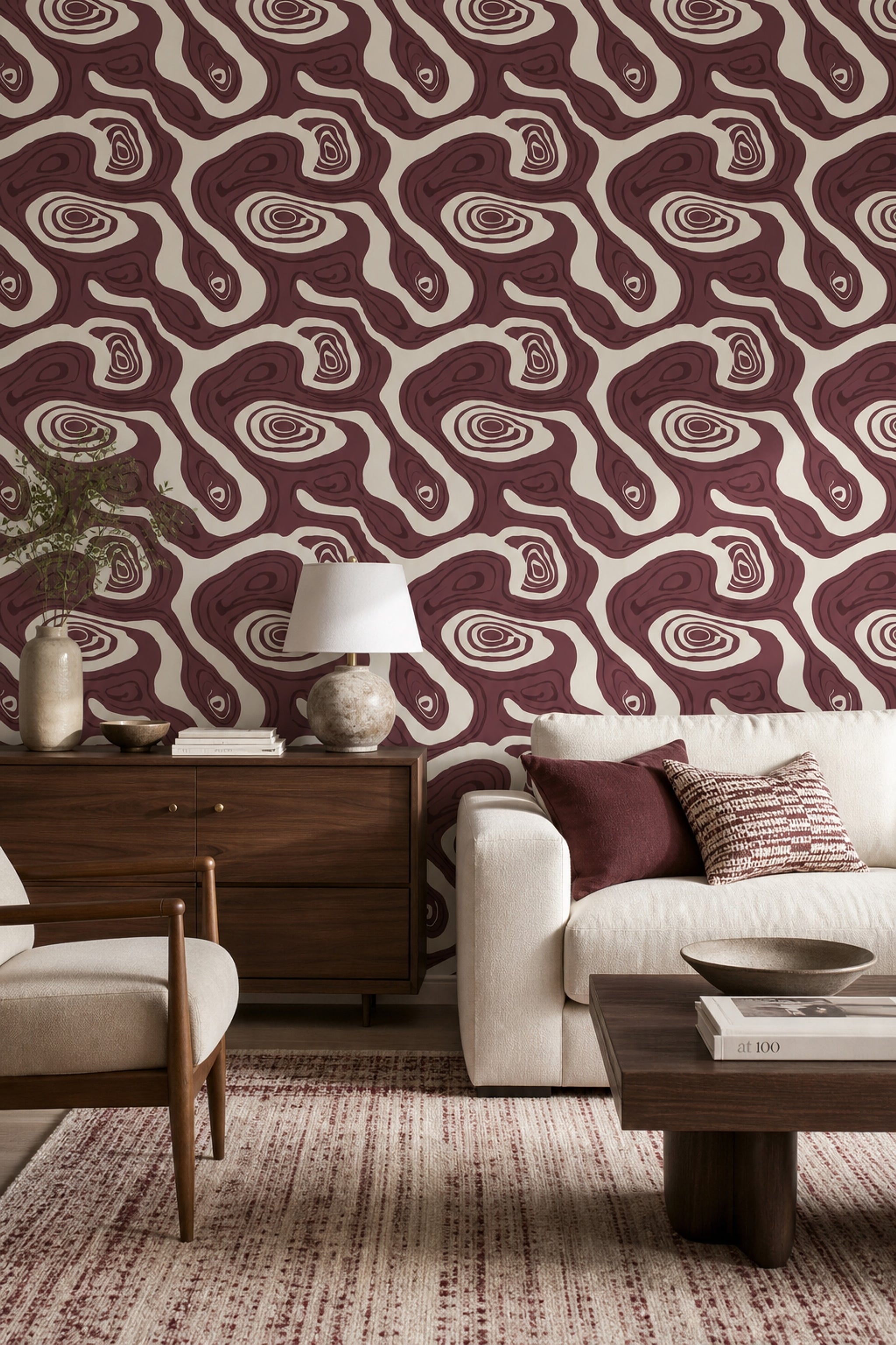 Soyut Dalga Desenli Duvar Kağıdı Bordo Krem Salon