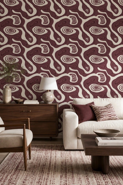 Soyut Dalga Desenli Duvar Kağıdı Bordo Krem Salon