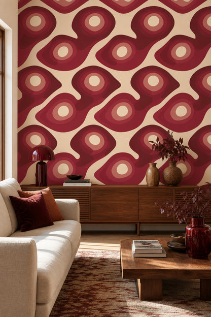 Retro Geometrik Duvar Kağıdı Bordo Bej Salon Deseni