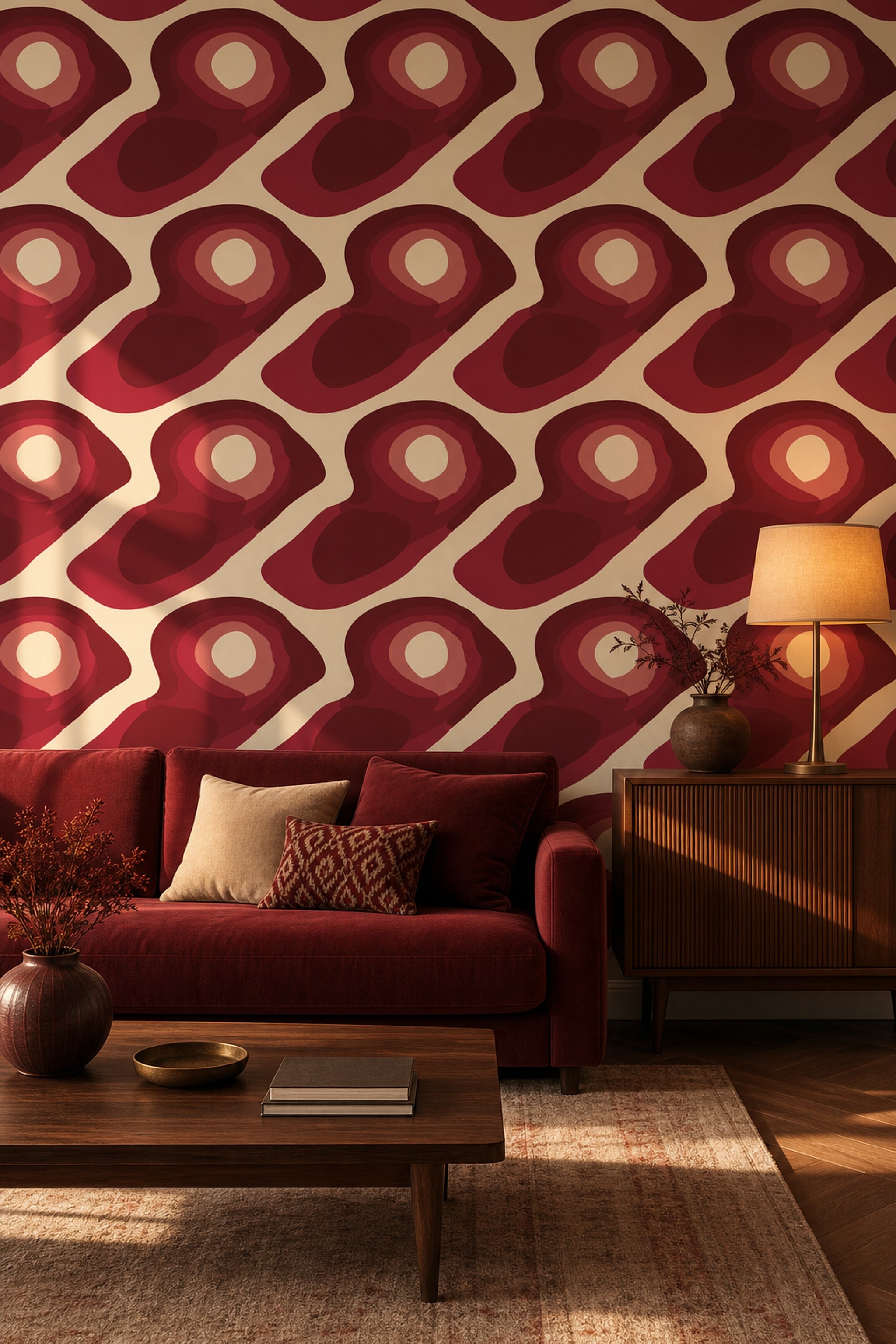 Retro Geometrik Duvar Kağıdı Bordo Bej Salon Deseni