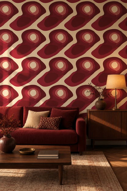Retro Geometrik Duvar Kağıdı Bordo Bej Salon Deseni
