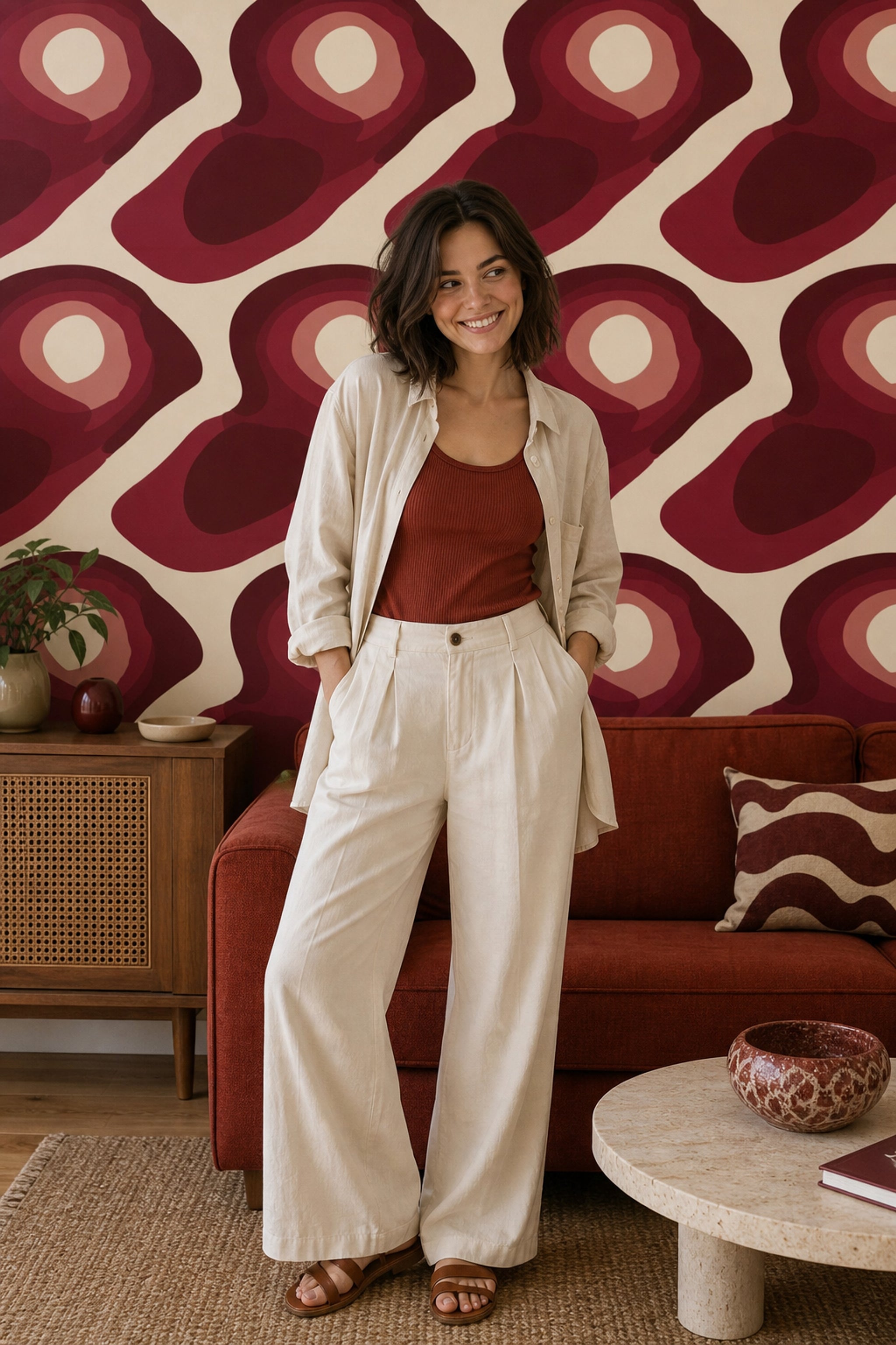 Retro Geometrik Duvar Kağıdı Bordo Bej Salon Deseni