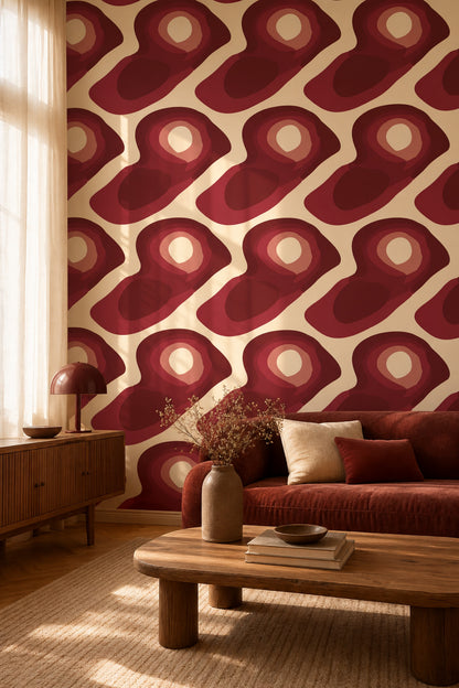 Retro Geometrik Duvar Kağıdı Bordo Bej Salon Deseni