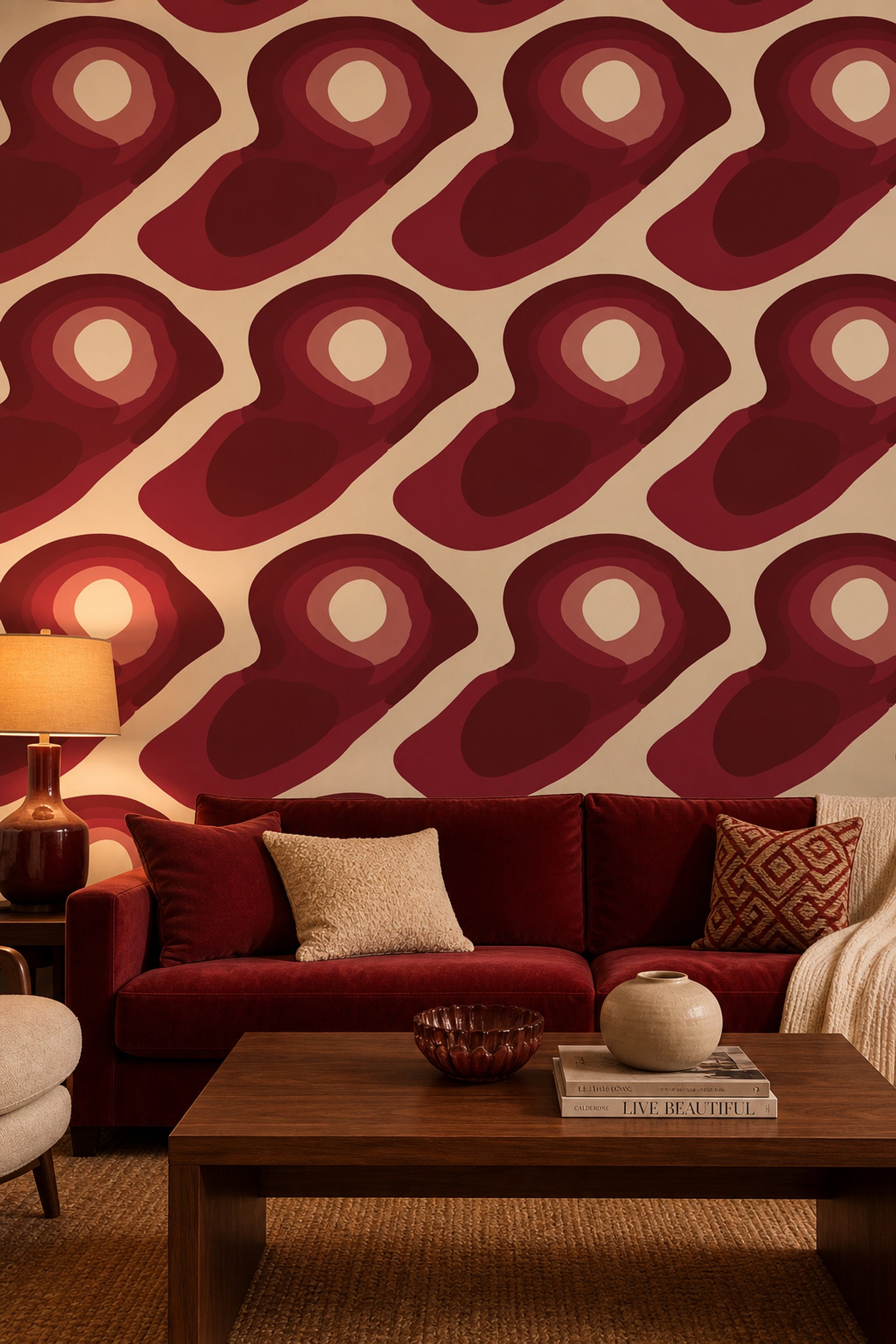 Retro Geometrik Duvar Kağıdı Bordo Bej Salon Deseni