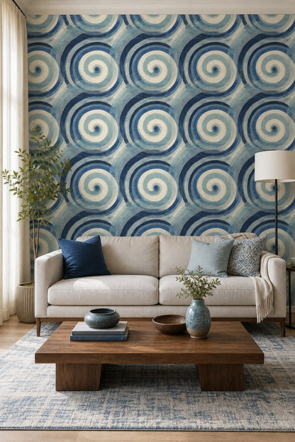 Mavi Spiral Desenli Duvar Kağıdı Modern Salon Dekoru
