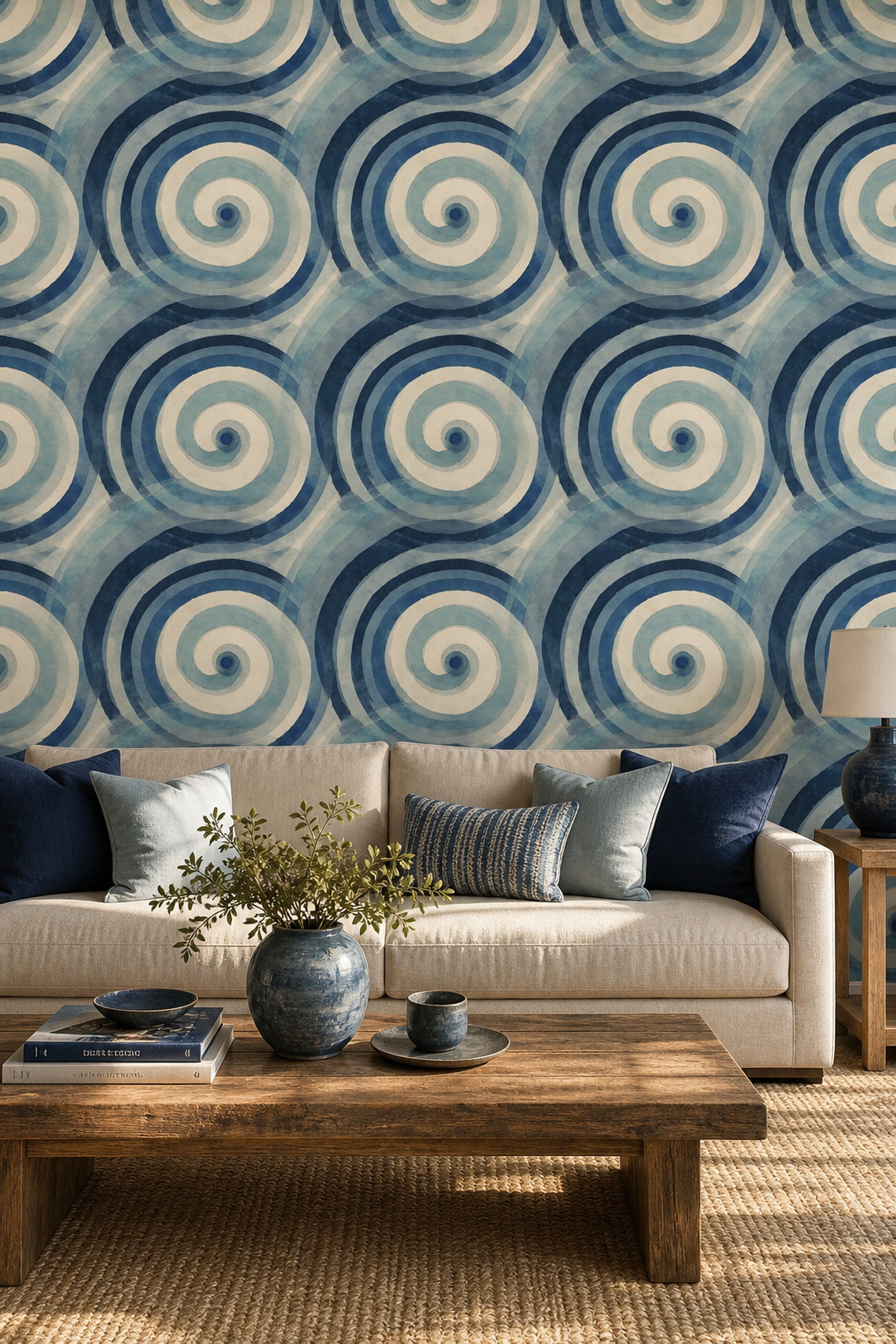 Mavi Spiral Desenli Duvar Kağıdı Modern Salon Dekoru