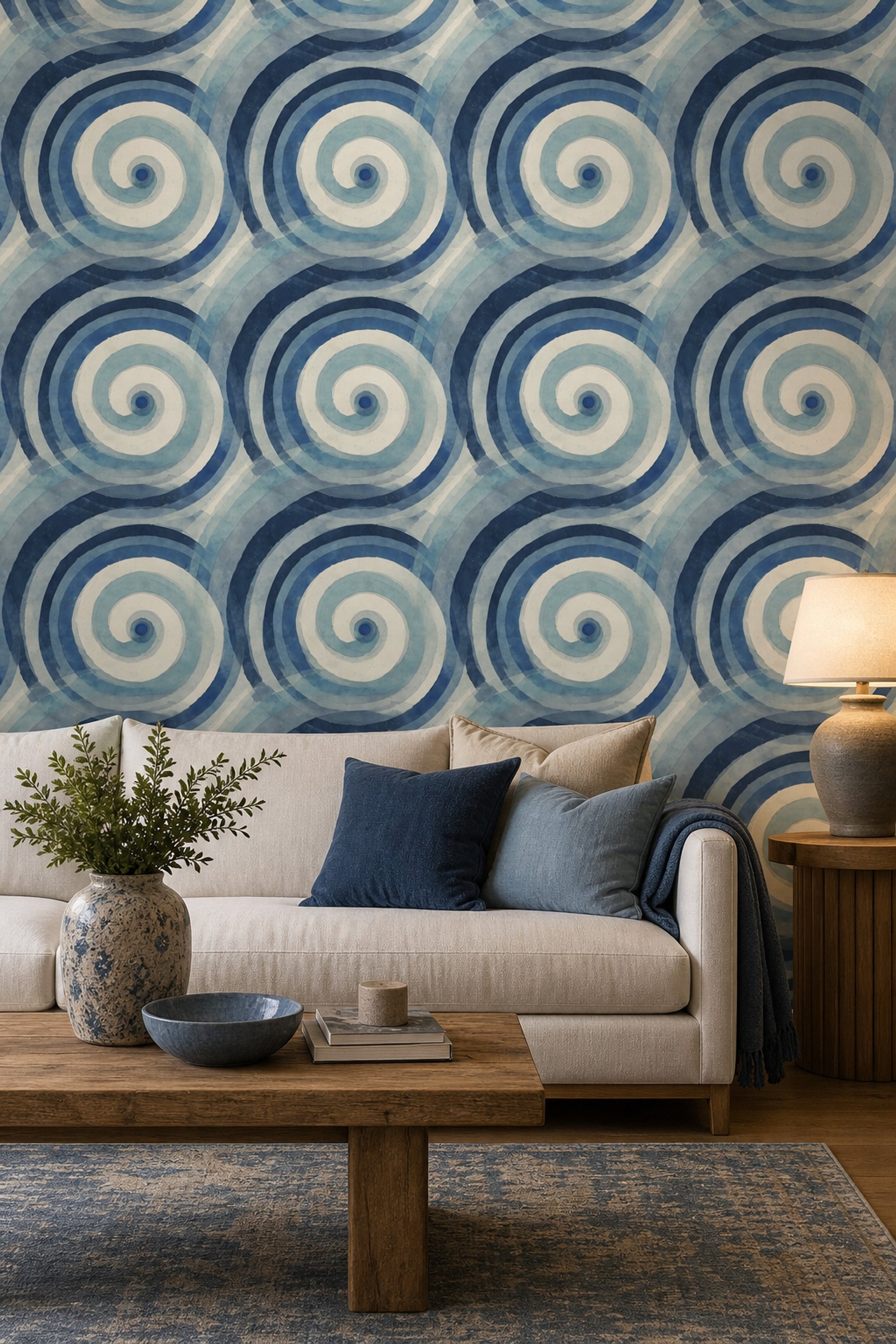 Mavi Spiral Desenli Duvar Kağıdı Modern Salon Dekoru