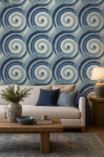 Mavi Spiral Desenli Duvar Kağıdı Modern Salon Dekoru