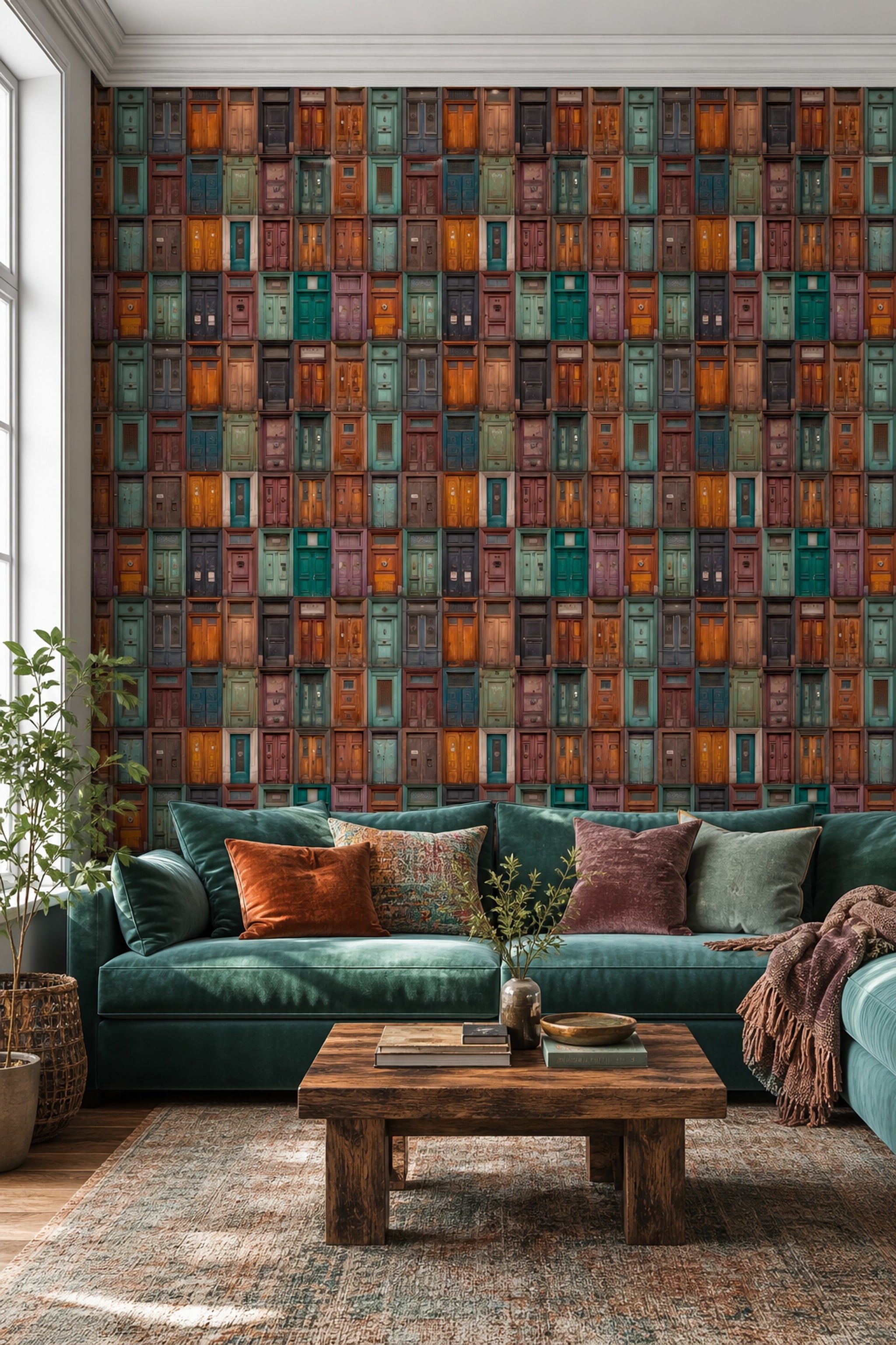 Renkli Eski Kapı Desenli Duvar Kağıdı Modern Salon