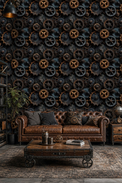Endüstriyel Çarklı Duvar Kağıdı Siyah Bakır Salon