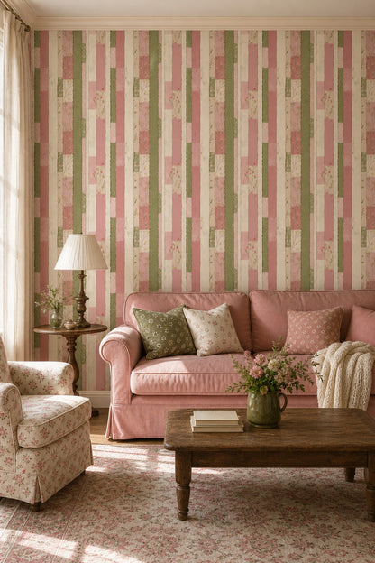 Çiçekli Çizgili Duvar Kağıdı Pudra Pembe Yeşil Salon