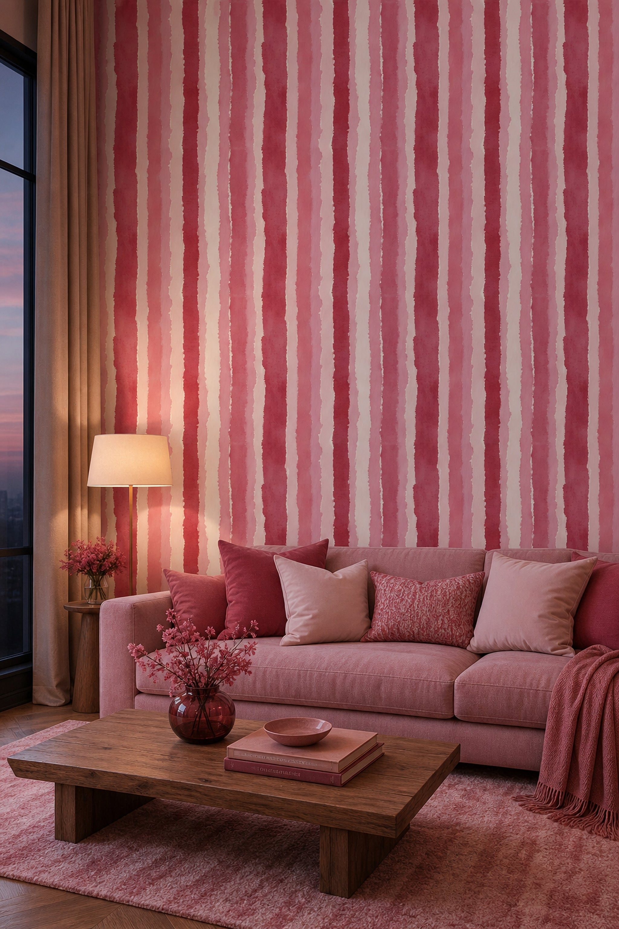 Suluboya Çizgili Duvar Kağıdı Pembe Modern Salon Deseni
