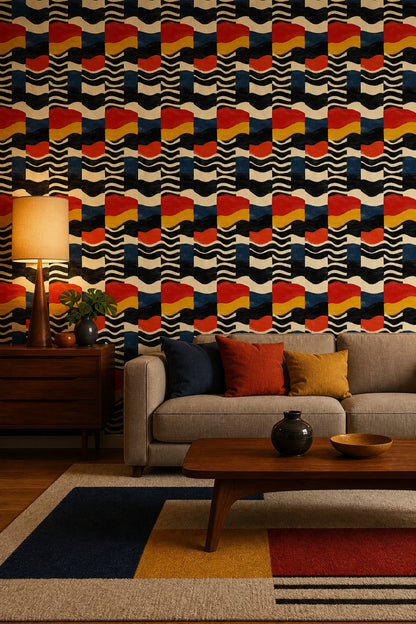 Retro Renk Bloklu Duvar Kağıdı Kırmızı Lacivert Salon
