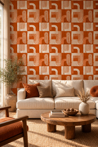 Geometrik Soyut Duvar Kağıdı Kiremit Turuncu Salon Desenli