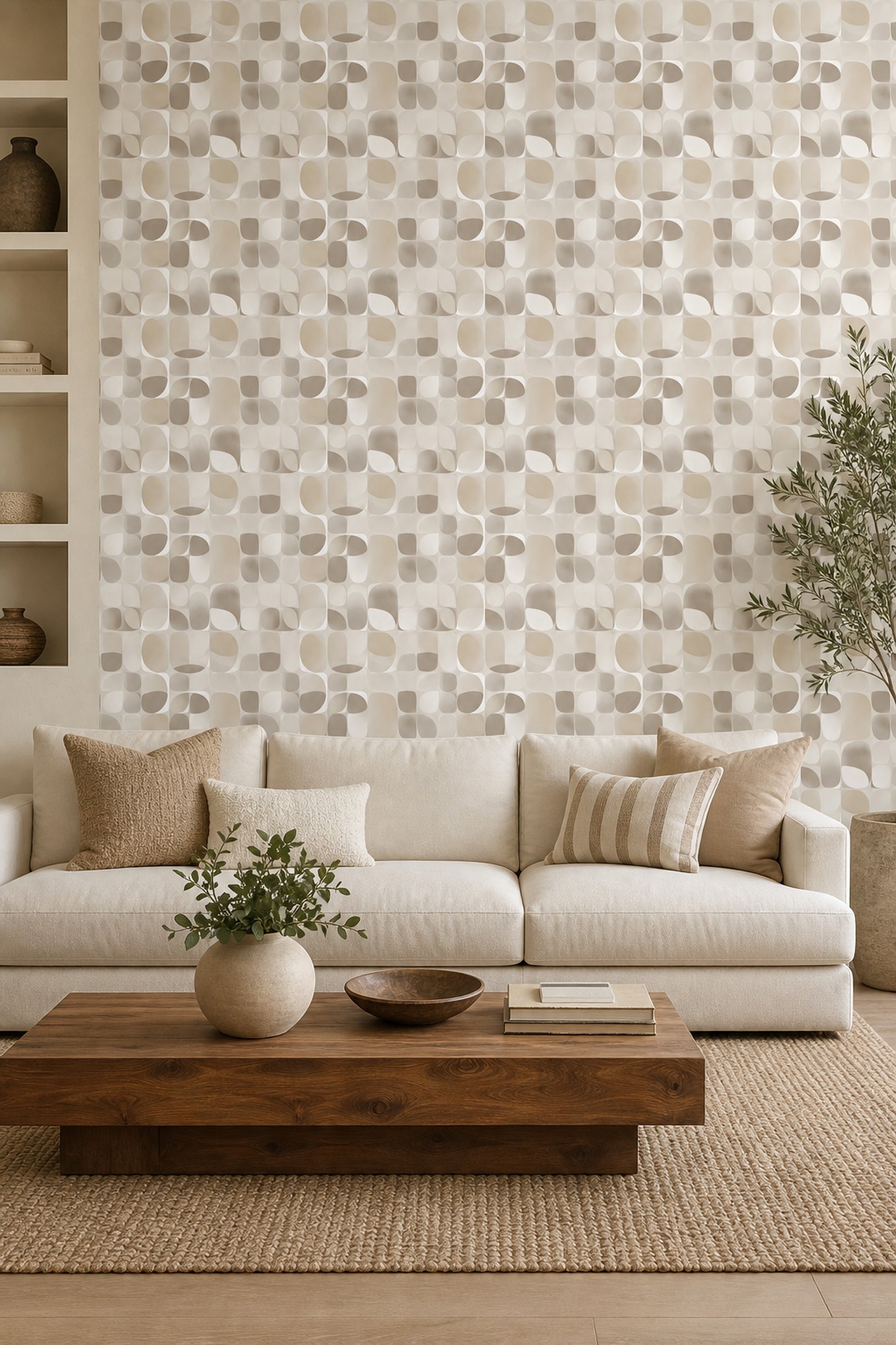 Yuvarlatılmış Geometrik Duvar Kağıdı Bej Krem Modern Salon