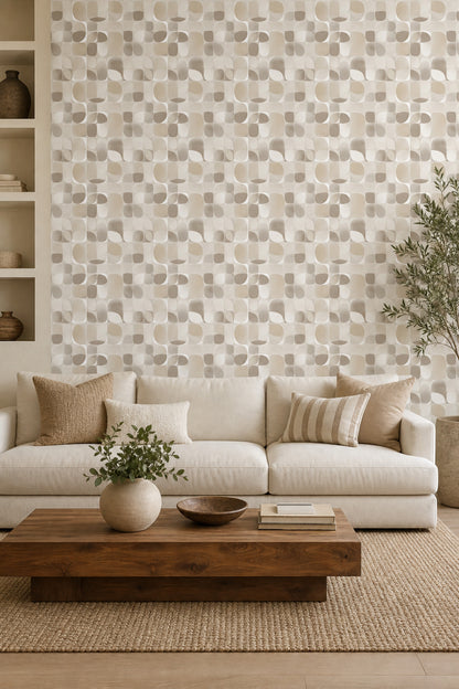 Yuvarlatılmış Geometrik Duvar Kağıdı Bej Krem Modern Salon