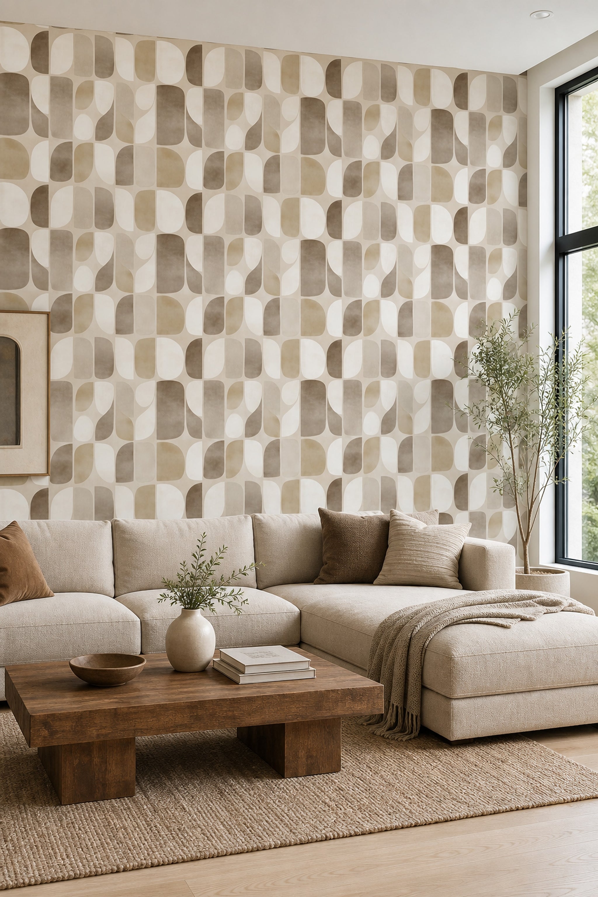 Geometrik Retro Duvar Kağıdı Bej Kahve Desenli Salon