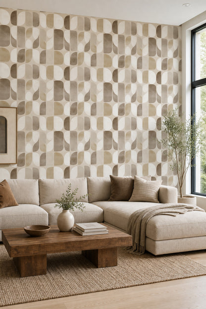 Geometrik Retro Duvar Kağıdı Bej Kahve Desenli Salon