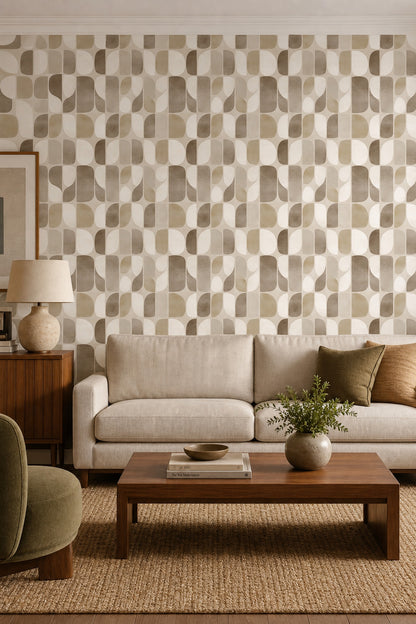 Geometrik Retro Duvar Kağıdı Bej Kahve Desenli Salon
