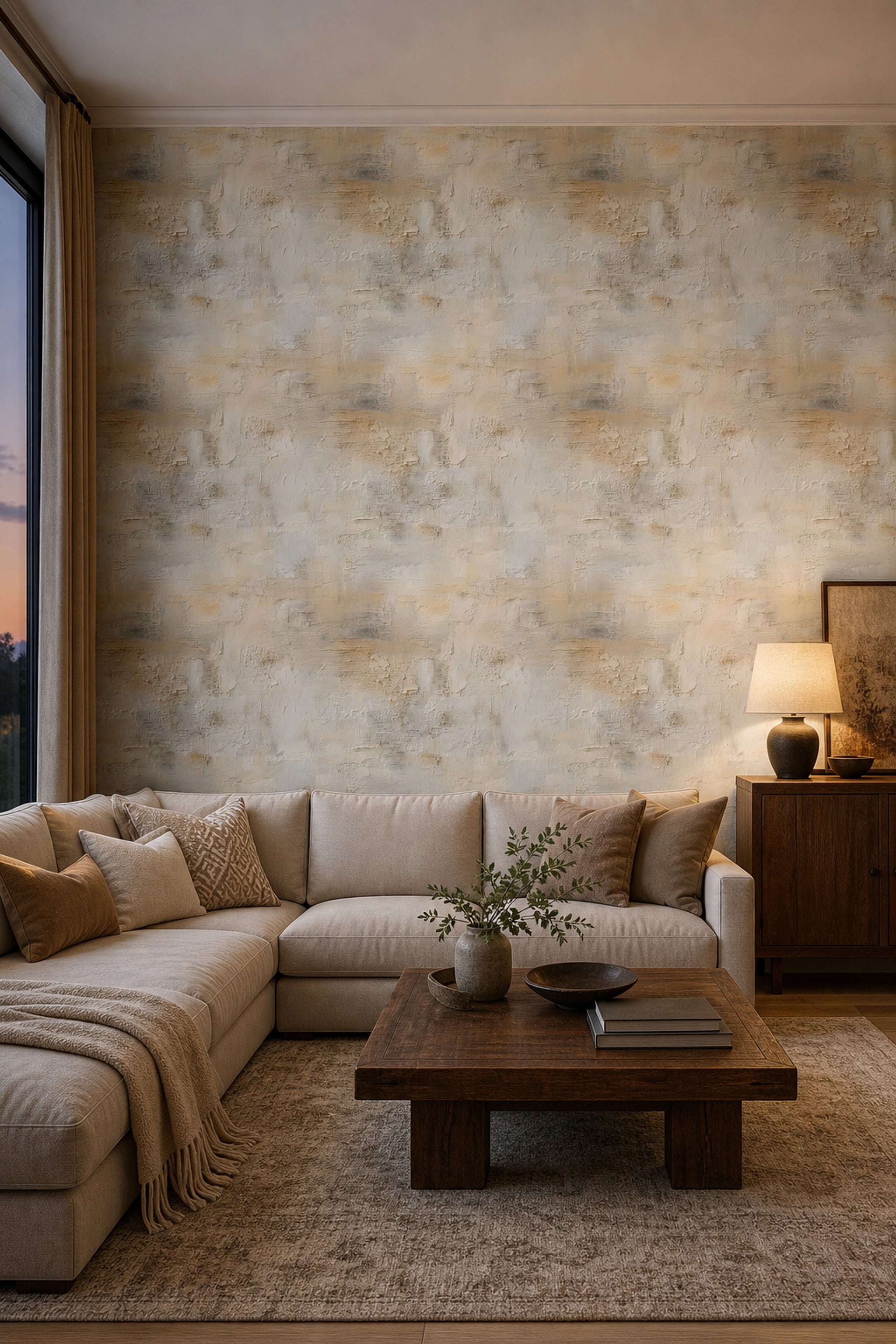 Beton Görünümlü Duvar Kağıdı Bej Gri Modern Salon