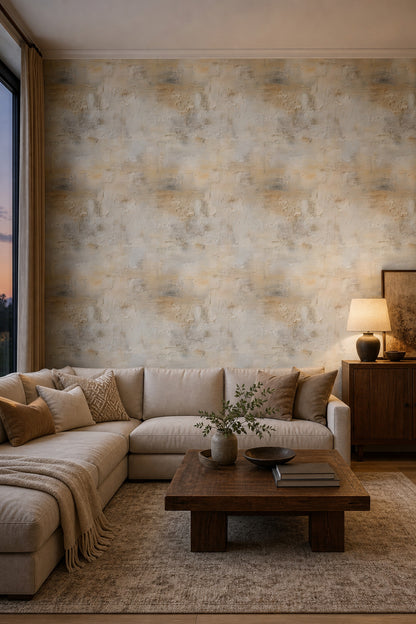 Beton Görünümlü Duvar Kağıdı Bej Gri Modern Salon