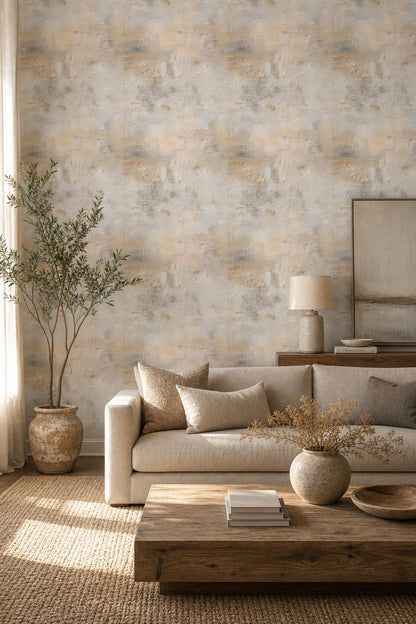 Beton Görünümlü Duvar Kağıdı Bej Gri Modern Salon