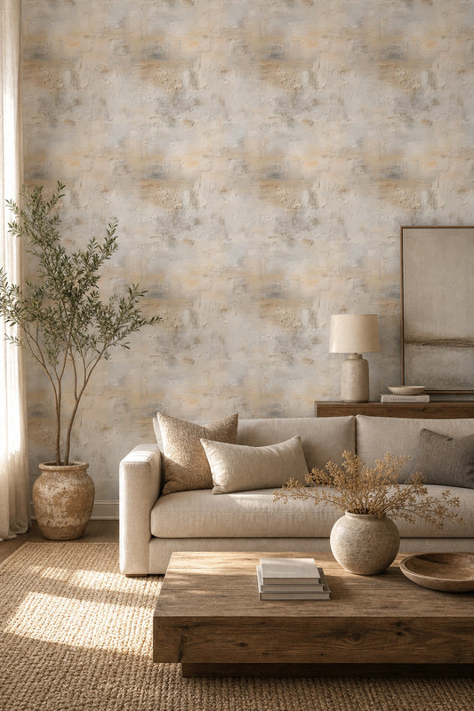 Beton Görünümlü Duvar Kağıdı Bej Gri Modern Salon