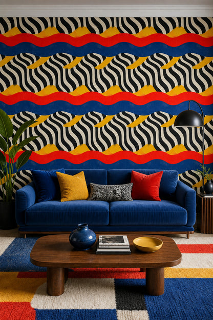 Renkli Dalgalı Geometrik Duvar Kağıdı Modern Salon Dekoru