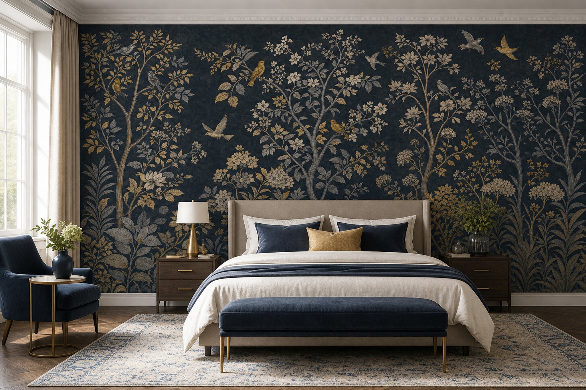 Kuşlu Çiçekli Poster Duvar Kağıdı Lacivert Gold Salon
