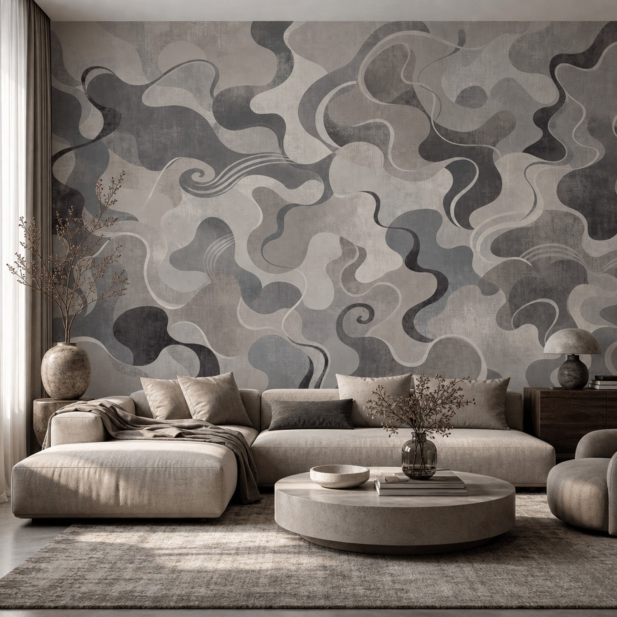 Gri Bej Soyut Dalgalı Poster Duvar Kağıdı Modern Salon